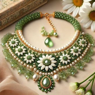 Elegant handmade floral necklace with pearl accents and a stunning green beadwork design