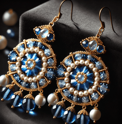 faceted blue beads, delicate pearls, and golden accents